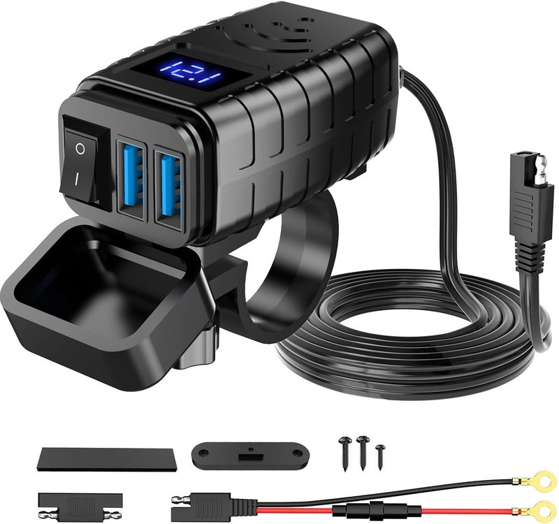 HAOQUOOU Motorcycle Phone Charger,Quick Charge 3.0 Dual USB Motorcycle Phone Charger with Voltmeter & ON/Off Switch,Waterproof Motorcycle Accessories for Phone, Tablet, GPS, etc - Image 1